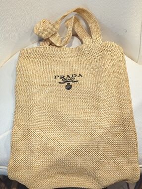 Prada Natural Woven Straw Tote with Black Logo